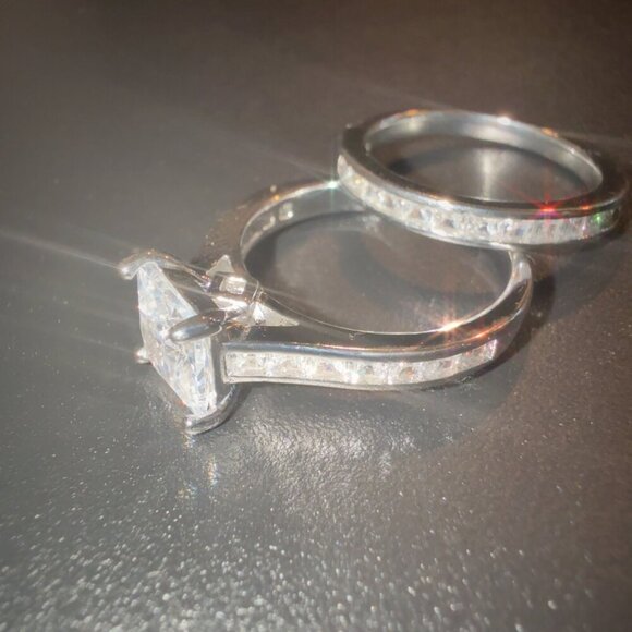 2 PC Wedding Set With Princess Cut CZ Engagement & Eternity Band Ring In Sterlin - Picture 8 of 8